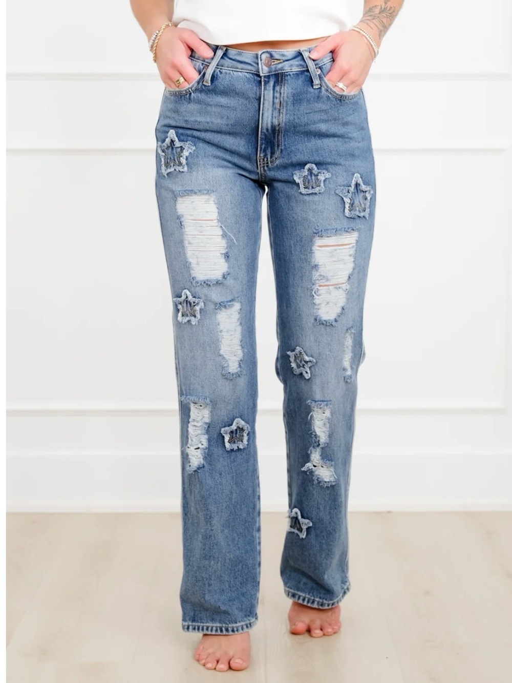 Straight Leg Blue Distressed Star Patch Jeans for Women
